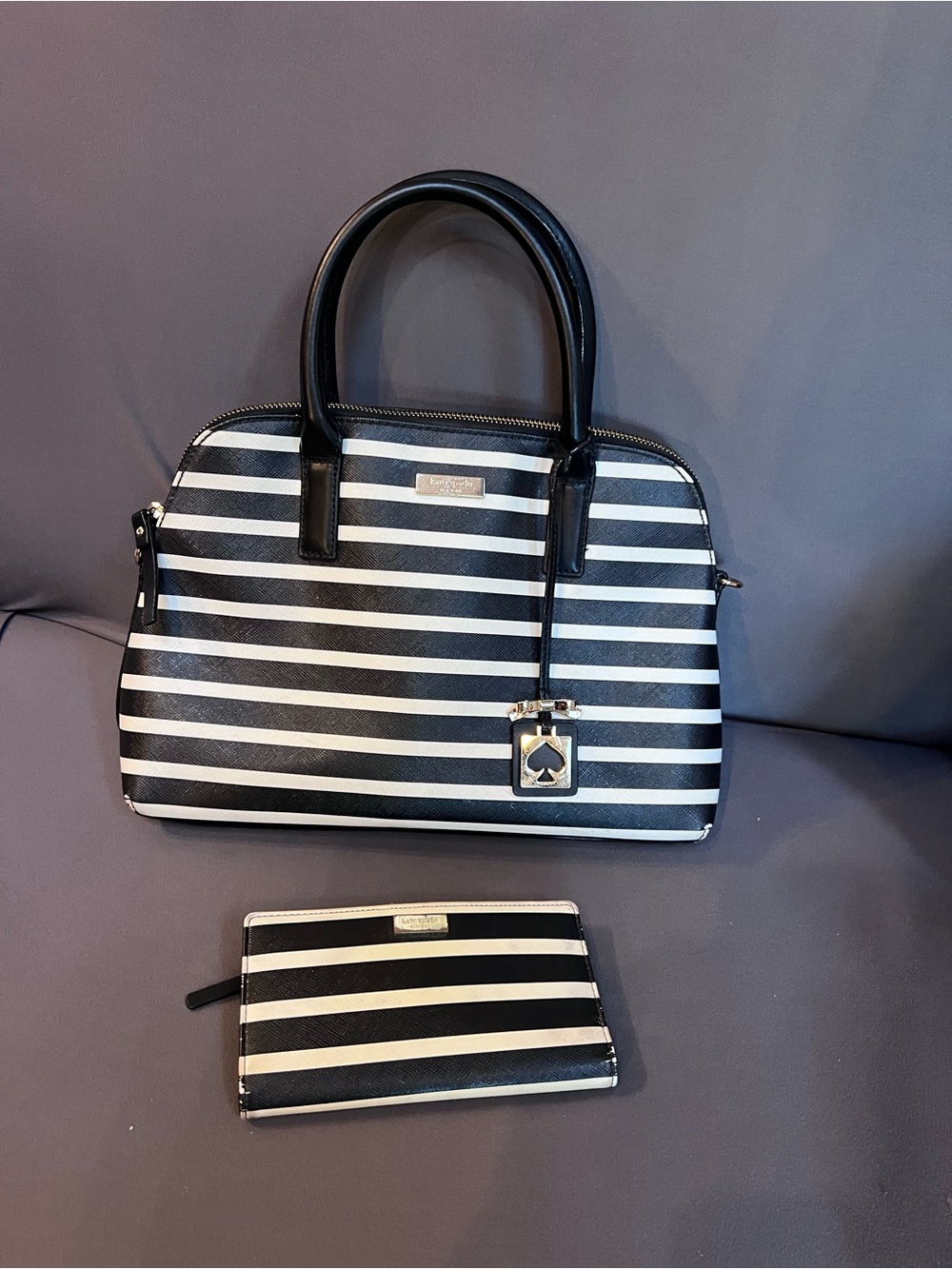Kate Spade Striped Black & White Dome Satchel Handbag with Matching Wallet